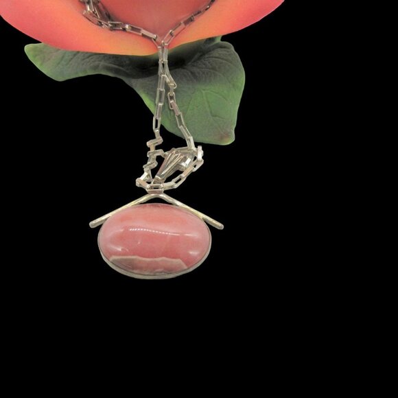 Renell Perry Navajo Sterling Silver Box Link Chain with Pink Stone, Agate? Penda - Picture 2 of 6